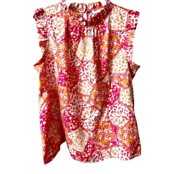 THML Preppy Floral Ruffled Short Sleeve High Neck Pink Orange Blouse Top Size M - Picture 1 of 7